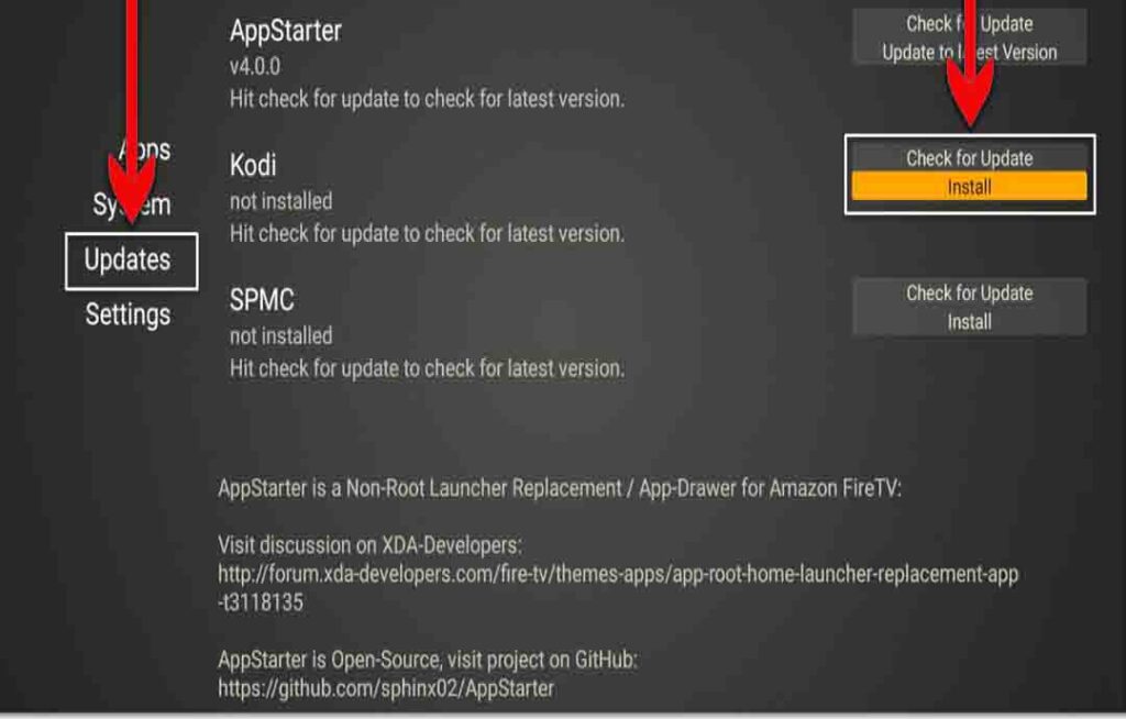 AppStarter Kodi Update and install