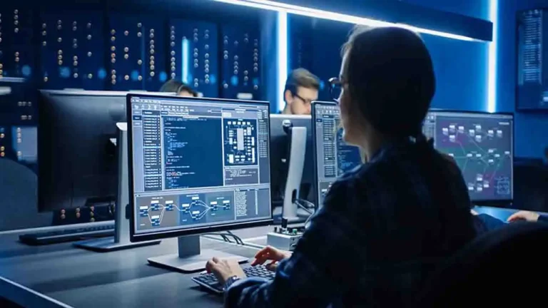 A professional working on a laptop surrounded by digital security icons, representing a dynamic career in cybersecurity.